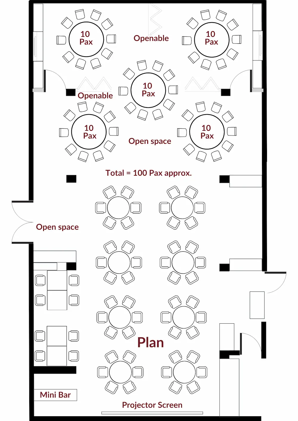 Layout for a full restaurant buyout accommodating 90 guests