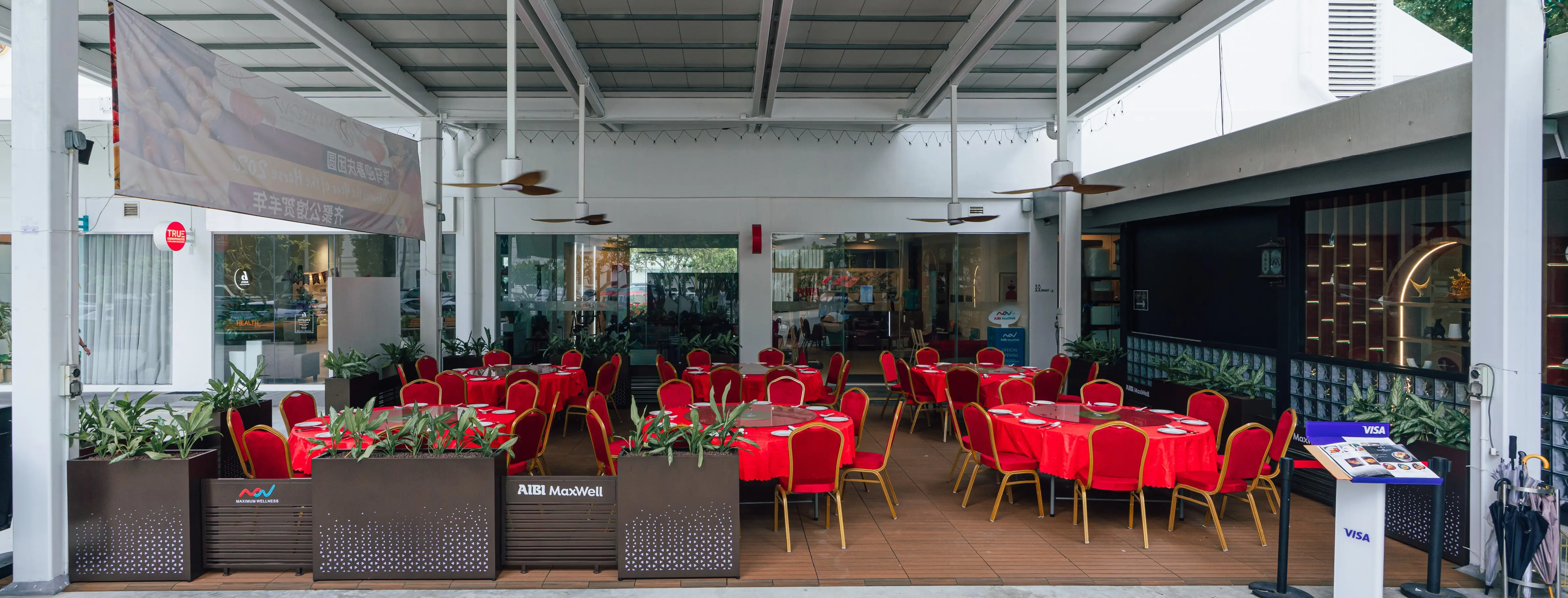 Layout for a full restaurant buyout accommodating 90 guests